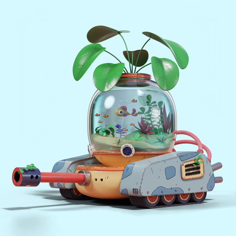 A 3D stylized war tank with an actual fish tank on top. The tank is cartoony and colorful, with plants coming out of it. There are small fish inside the fish tank.