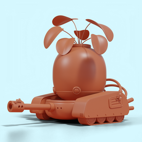A 3D stylized war tank with an actual fish tank on top. In this render the model is textured in a clay-like material.