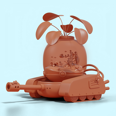 A 3D stylized war tank with an actual fish tank on top. In this render the model is textured in a clay-like material.