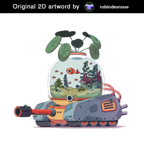 A 2D stylized war tank with an actual fish tank on top. The tank is cartoony and colorful, with plants coming out of it. There are small fish inside the fish tank. On top of the image it says "Original 2D artwork by Robin Desnoue".