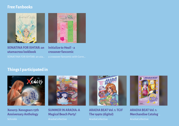 A screenshot of the bottom of NAAN's itchio page, showing her free fanbooks and books that she participated in. You can see more works at
https://naan.itch.io/