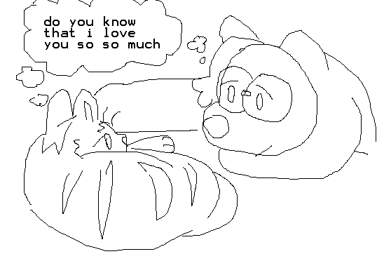 a drawing in ms paint. a furry and a cat are sharing a tender moment staring at each other. they have a shared thought bubble that reads, "do you know that i love you so so much"