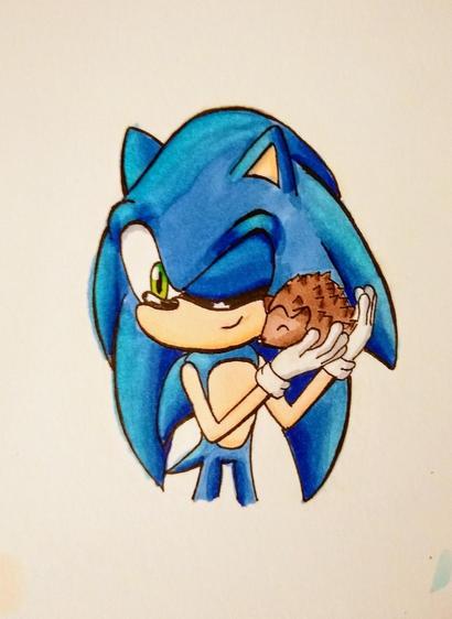 Artwork of Sonic holding a feral hedgehog, that nuzzles him as he holds it to his cheek and smiles.