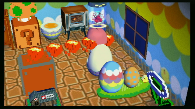 Screenshot of City Folk. It's a small room decorated with a mix of easter egg furniture and 8 bit mario stuff. The player sits in an egg chair watching a retro tv. Nearby, a mario castle fire bar is spinning, and the screenshot is timed to show the fire part passing right through the player's head