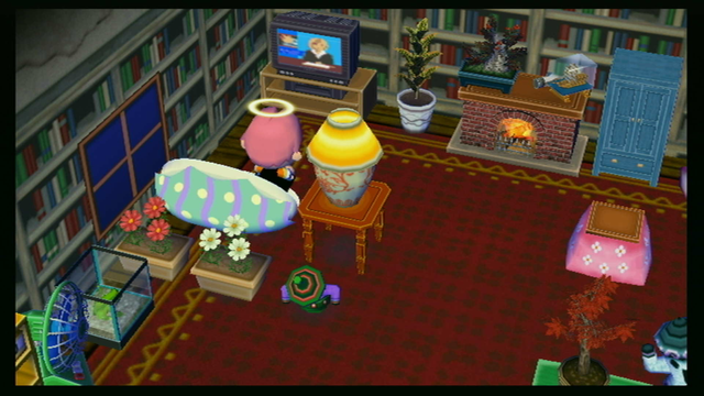 City folk. The player is in a room with wallpaper that looks like book shelves. She sits on an egg couch watching a wide screen tv. Next to the couch is an end table with a lamp, and behind the couch is some flowers and a gyroid. A fireplace and cabinet are against the far wall, and there's assorted plants visible