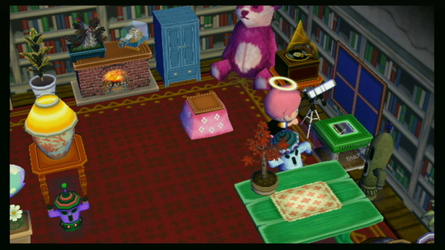 Another view of the room. The player is pretending to use a telescope out the window. A giant teddy sits in the corner near a record players, and just visible is a green table with some gyroids sitting around it.