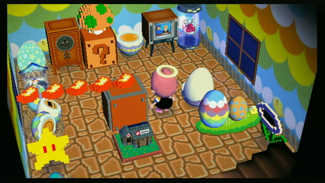 Another room of the house. The floor is mario bricks and the walls are easter themed. A mario dungeon fire bar sits in the middle of the room. Assorted other 8 bit mario furniture is scattered about, mixed in with egg furniture from easter. A metroid sits in the corner next to an old tv.