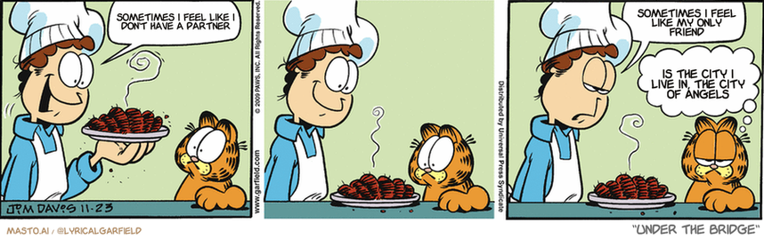 Original Garfield comic from November 23, 2009
Text replaced with lyrics from: Under the Bridge

Transcript:
• Sometimes I Feel Like I Don't Have A Partner
• Sometimes I Feel Like My Only Friend
• Is The City I Live In, The City Of Angels


--------------
Original Text:
• Jon:  Guess what I barbecued!  Because I've forgotten.
• Garfield:  THIS is why God made catsup.