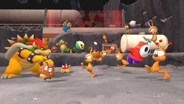 Bowser commands his minions to battle the Woolies while the Woolie Commander, which is the female and has purple details, commands them to fight back.