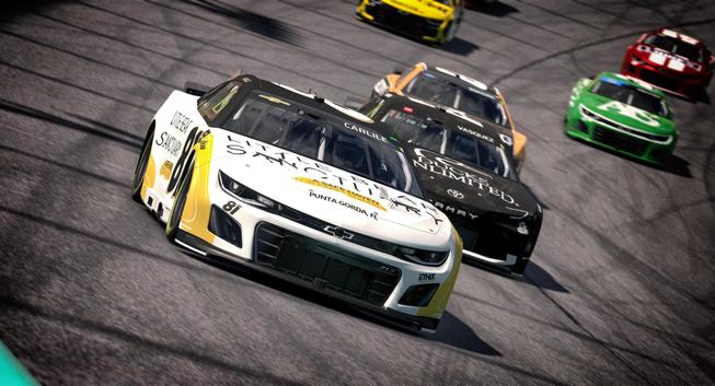 Simulated NASCAR stock cars on track. Focus on the 81 Chevrolet. White, yellow, and black color scheme. Little Bear Sanctuary the primary sponsor.