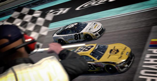 Simulated NASCAR stock cars on track. Focus on the 81 Chevrolet. White, yellow, and black color scheme. Little Bear Sanctuary the primary sponsor.