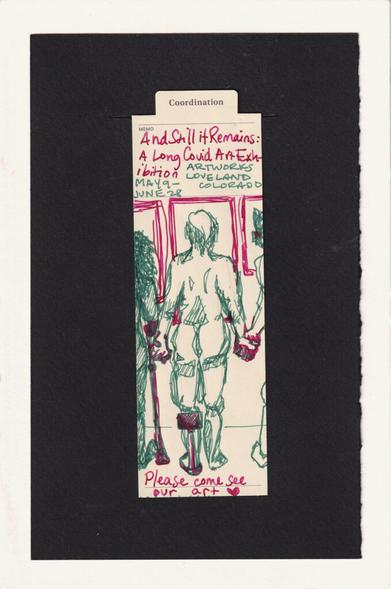 the figure in the center of the bookmark is holding hands with two added figures. The three art nude figures face away from us and look at displayed picture frames. The humans are drawn in green, with bright magenta for the picture frames, their held hands, and accessibility aids. The figure on the left is shorter, with dark skin and long corkscrew-coil hair uses forearm crutches, which are also this vibrant magenta. The center figure has more body fat, light skin and a queer undercut, they have a hybrid prosthetic-orthotic in the same magenta as the art. The third figure has spiked hair, more muscle, and a behind-the-ear hearing aid, also in the magenta.