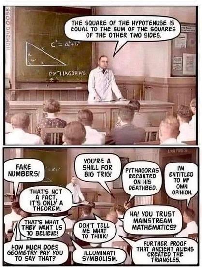 Meme: Top photo - lecturer says: 'The square on the hypotenuse is equal t the sum of the squares on the other tow sides'...
Bottom photo - audience responses:
'fake numbers'
'you're a shill for Big Trig'
'that's not a fact its only a theorem'
'that's what they want us to believe'
'how much does geometry ay you to say that'
'don't tell me what to think'
'Illuminati symbolism'
'Pythagorus recanted on his deathbed'
'I'm entitled to my own opinion'
'Ha, you trust mainstream mathematics'
'further proof that ancient aliens created the triangles'