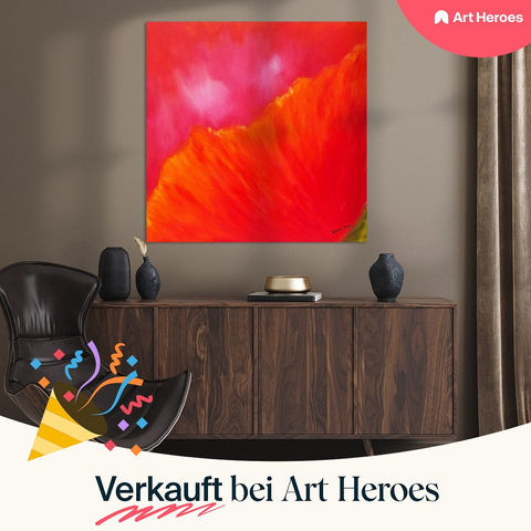 Abstract red 2 - Poppy blossom is an acrylic painting in square format hand-painted by the artist Karen Kaspar. It shows a close-up of part of a poppy flower in bright red and pink colours.