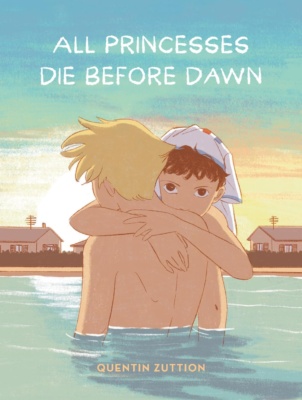 All Princesses Die Before Dawn -sarjakuvan kannessa kaksi ihmistä seisoo uima-altaassa auringon laskiessa taustalla. Toinen ihmisistä syleilee toista lohduttavalla tavalla.