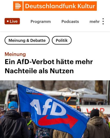 Deutschlandfunk Meinung:
Ein AfD Verbot hätte mehr Nachteile als Nutzen.
03.05.2025
