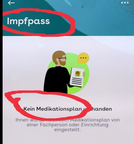 Foto des Impfpasses. Der Text sagt, dass kein Medikationsplans vorhanden sei. In der Mitte die Zeichnung eines Männchens mit Papier in der Hand