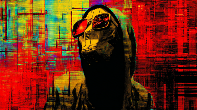 Code Urbain.
Portrait stylisé d’un androïde en hoodie et lunettes réfléchissantes sur fond abstrait éclatant.
Stylized portrait of an android in a hoodie and reflective glasses against a vibrant abstract background.