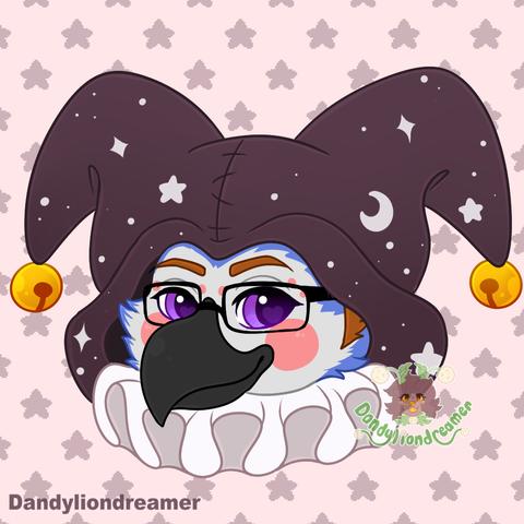 a headhot of a bird character that wears glasses

theyre wearing a purple hood that resembles a jester hat with bells at the tips and white stars and moon patterns on it

it has a white clown neck ruffle