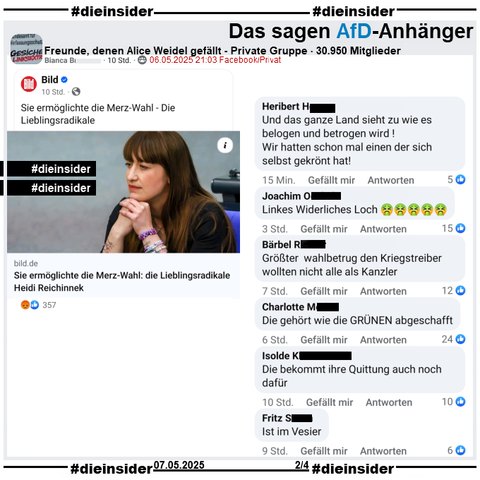 In der 30.950 Mitglieder großen Gruppe "Freunde, denen Alice Weidel gefällt" wird der Bild-Bericht "Heidi Reichinnek ermöglichte die Merz-Wahl: Die Lieblingsradikale" geteilt.

Auf Slide 2 zeigen wir u.a. diese Kommentare 
"Und das ganze Land sieht zu wie es belogen und betrogen wird! Wir hatten schon mal einen der sich selbst gekrönt hat!", "Linkes Widerliches Loch.", "Größter wahlbetrug den Kriegstreiber wollten nicht alle als Kanzler.", "Die gehört wie die GRÜNEN abgeschafft.", "Die bekommt ihre Quittung auch noch dafür." und "Ist im Vesier."