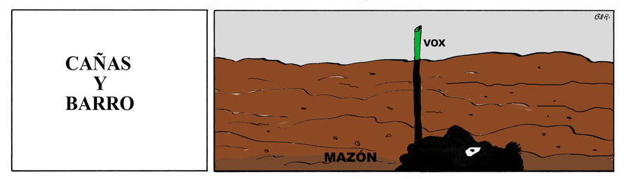 La imagen es un dibujo simple que representa un corte transversal del suelo.  A la izquierda, un recuadro blanco con el texto "CAÑAS Y BARRO". A la derecha, una representación de capas de tierra marrón, con una masa negra en la parte inferior etiquetada como "MAZÓN". Una caña verde, etiquetada "VOX", se extiende desde la superficie hasta la masa negra.