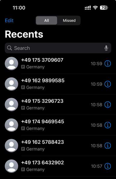 List of several incoming calls from German cell phone numbers, all unknown