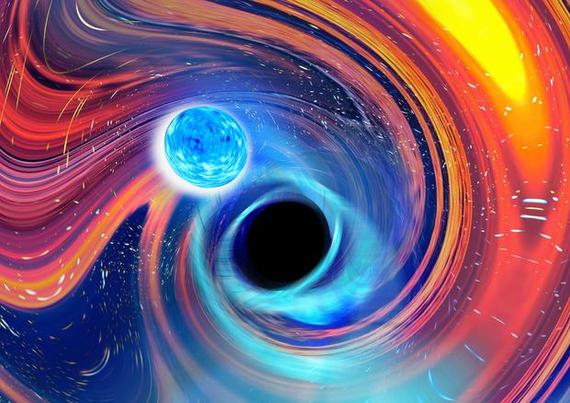 A rainbow-coloured imagining of the distorted spacetime around a black hole and neutron star spiralling together