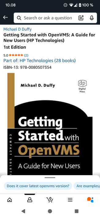 Screenshot of the front cover of a Kindle eBook "Getting Started with OpenVMS, a guide for new users" by Michael D. Duffy, in the Amazon Android phone app.