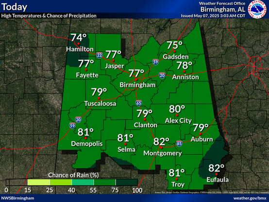 Medium to high chances for showers and thunderstorms continue today as an upper level disturbance approaches the region. Highs today settle into the mid 70s to low 80s.
