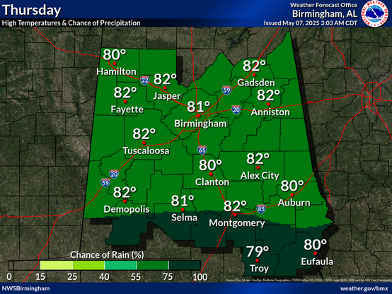 Our wet pattern continues on Thursday with another round of showers and thunderstorms. Highs climb into the low 80s for much of the region.
