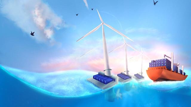 A boat is transporting charged batteries from offshore wind farms to coastal ports
