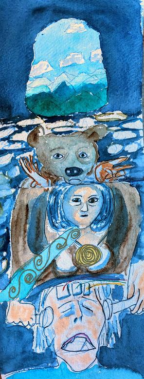 Illustration for story about a woman having ECT during each she sees a bear woman shaman in a cave.
