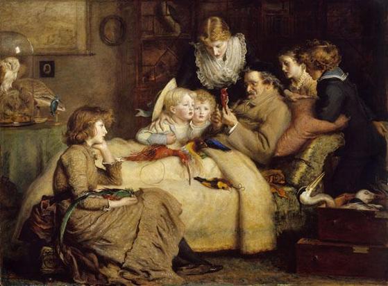 Peinture de Millais, donc c'est beau, lumineux et tout le monde est auburn ou roux
homme agé en robe de chambre sur une méridienne, entouré de 5 enfants de  (à vue de nez) 4 à 12 ans, filles et garçons, et une femme rousse qui se penche sur le groupe ( leur mère ?)
le vieux semble en pleine démonstration et tient un oiseau naturalisé à la main, en a trois autres sur la couverture qui couvre ses jambes, et derrière lui les étagères en sont couvertes.
L'ainée des enfants, assise au premier plan, a un quetzal dans son giron et un air pensif
les enfants regardent d'un air fasciné