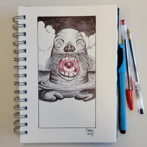 Dessin au stylo bike sur un carnet de l'horrible phoque du dessin animé Pingu. Entre autres trucs qui vont pas ul a une bouche humaine avec des dents rondes
