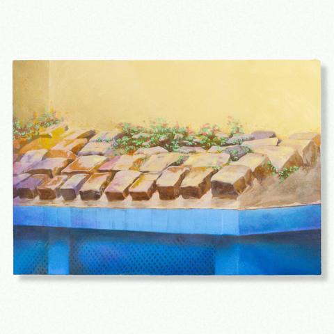 Painting by Aurel Porté depicting a masonry crowning a small ventilation structure, where Pellitory-of-the-wall stubbornly settle. Such urban installations are common in renovated spaces; they aim to make the location uncomfortable, preventing anyone—be it a passerby, a homeless person, or a group of young people—from sitting or lying down. These structures are always designed to blend in as decorative elements of the place where they are installed.