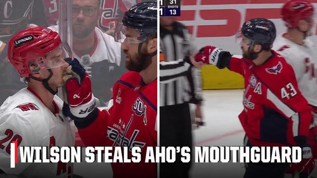 Tom Wilson STEALS Sebastian Aho's mouthguard & returns it 🤣 | ESPN NHL