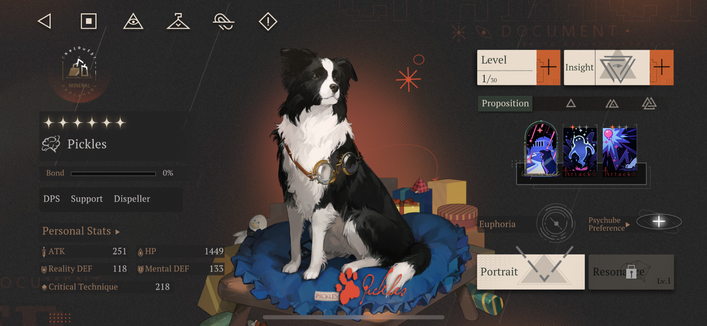 The character screen for Pickles in Reverse: 1999. He is a black and white collie with goggles around his neck