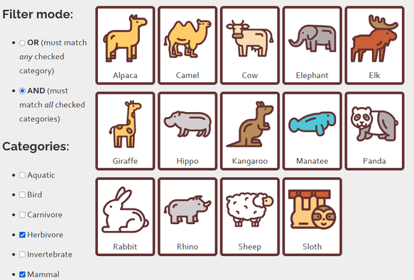 User interface for filtering cards with animals on them, using a radiobutton to select 'OR' or 'AND', then checkboxes for a number of categories. 'AND', 'Herbivore' and 'Mammal' are checked, to the list shows herbivorous mammals, including an alpaca, camel, cow, and elephant.