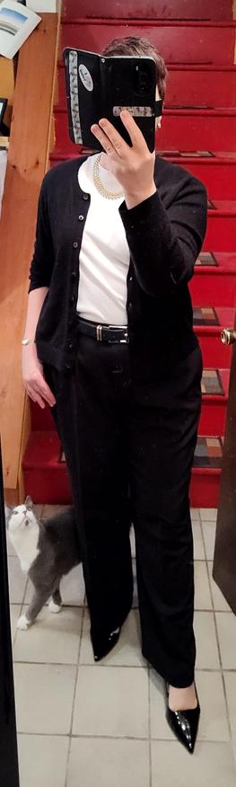 White T, black trousers, cardigan, belt, slingbacks. Wide gold chain necklace. Grey & white tuxedo cat approves.