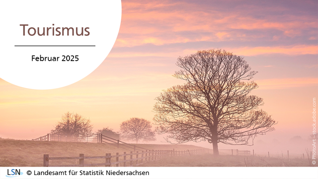Tourismus, Februar 2025. Das Bild zeigt Ostfriesland im Winter - Nebliger Sonnenaufgang bei Wolthusen. Im Hintergrund stehen vereinzelte Bäume auf einer Wiese.