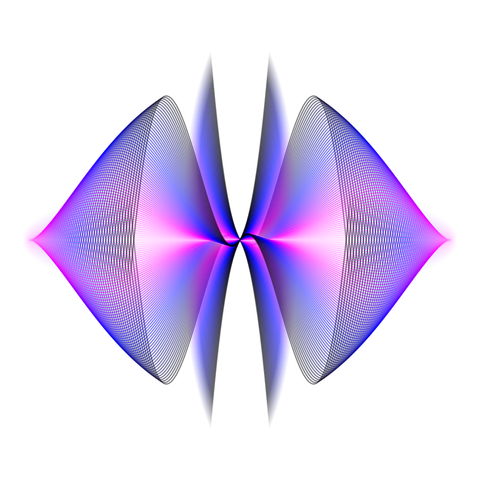 Similar composition with many more lines. Blue, purple and magenta curves over white background, the curves at the center join to form a continuous gradient.