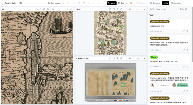 Screenshot of IMMARKUS' main work area: the multi-image annotation view, with three images open and the annotation list in the right sidebar.
