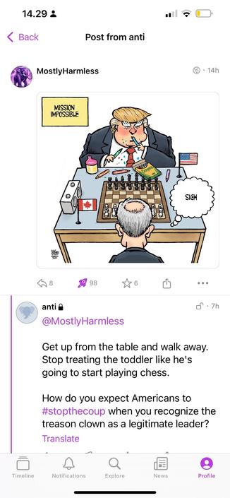 A cartoon titled "Mission impossible". Trump eating crayons insted of playing chess. Across the board Mark Carney seen from behind with a thought bubble containing the word "sigh", or something for the picture?

Below it a post from an anonymous account stating:

"Get up from the table and walk away. Stop treating the toddler like he's going to start playing chess. 

How do you expect Americans to #StopTheCoup when you recognize the treason clown as a legitimate leader."

Which is about as unhelpful as a comment can be. But that's obviously the point.