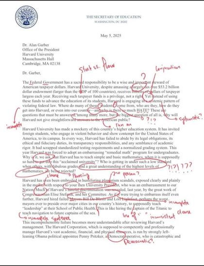 A letter from Education Secretary Linda McMahon to Harvard demanding changes was corrected throughout in red ink, and posted online.
