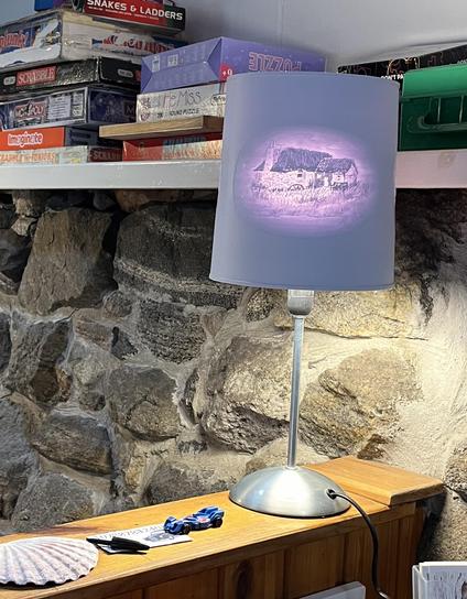 I table lamp with a lithophane lampshade depicting a watercolour of the Hebredian hostel it is inside. 
On the shelf behind it is a large collection of board games for days when it is wet. Did I mention it's in the Hebredies?