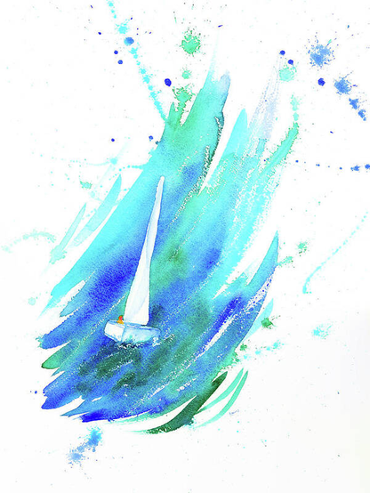 Sailboat Dancing in the Waves is a handmade watercolor painting in portrait format painted by the artist Karen Kaspar. A small white sailboat with a slender white sail is surrounded by abstracted lively waves in varying shades of light and dark blue, blue-green and turquoise, dancing up and down in the waves. On board the boat is a person dressed in bright orange tones enjoying a beautiful summer day on the waters of a lake or ocean. The painting is done in loose sweeping brushstrokes. Part of the background has been left white and loose splashes of color in the blue tones of the waves enhance the impression of the liveliness of the water. The orange splash of color representing the person provides an intense color contrast to the blue waves, attracting the viewer's attention.