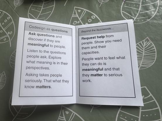 Codesign as questions. Asking to learn what is meaningful. Requesting help to show people they matter