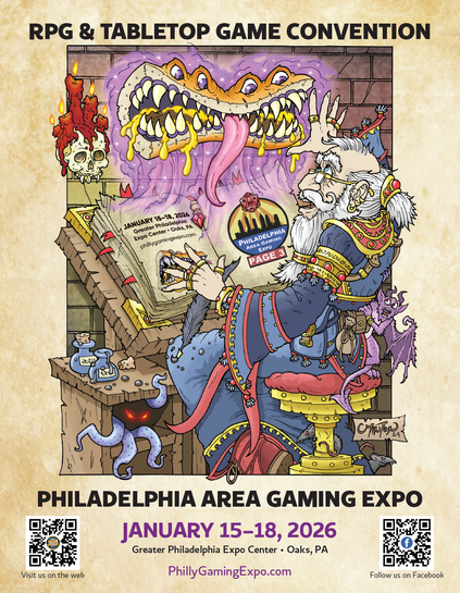 A poster for the philly gaming expo in January. A wizard is summoning a mimic and looking surprised that it is working. A time is open with the expos logo and location at the Philadelphia Expo Center.