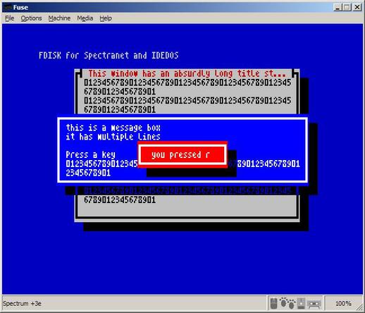 A ZX spectrum emulator screenshot of a text windowing UI loosely based on the text-mode debian installer
