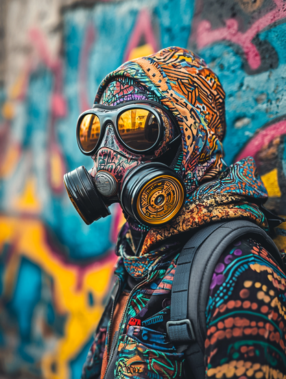 Résistance Chromatique
Portrait d’un personnage masqué en tenue urbaine éclatante devant un mur de graffitis aux motifs vifs et complexes.
Portrait of a masked figure in vibrant urban gear standing before a graffiti-covered wall with bold and intricate patterns.